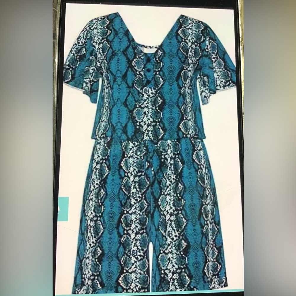 Blue Snake Print Short-Sleeve Jumpsuit